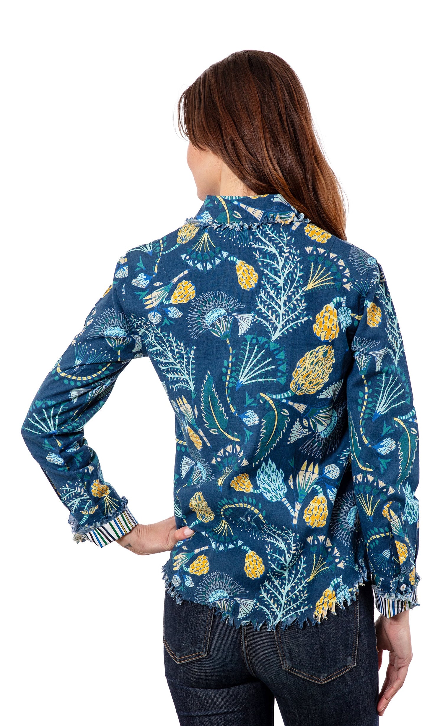 Blue underwater print shirt by Dizzy-Lizzie featuring vibrant ocean-inspired artwork on lightweight fabric.