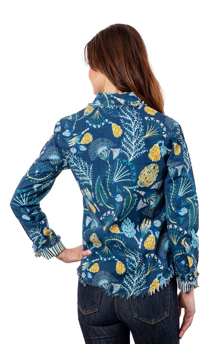 Blue underwater print shirt by Dizzy-Lizzie featuring vibrant ocean-inspired artwork on lightweight fabric.