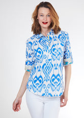Dizzy-Lizzie Cannes Popover shirt in blue and white ikat pattern, lightweight and stylish button-up blouse for casual wear