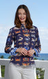 Dizzy-Lizzie Cape Cod crab print shirt featuring a colorful crab design on lightweight fabric.