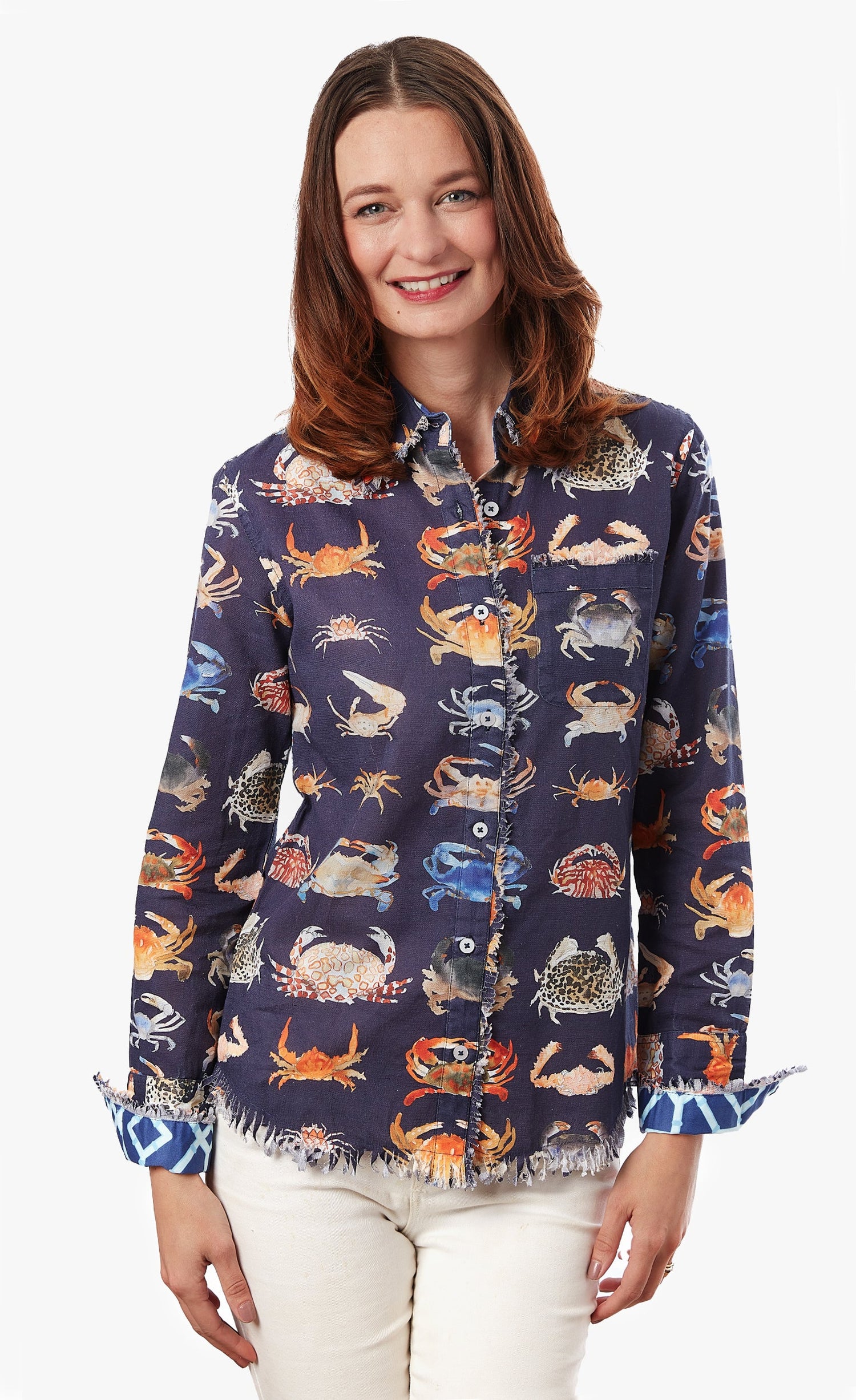 Dizzy-Lizzie Cape Cod Crab print shirt featuring a colorful crab design on lightweight fabric.