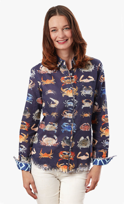 Dizzy-Lizzie Cape Cod Crab print shirt featuring a colorful crab design on lightweight fabric.
