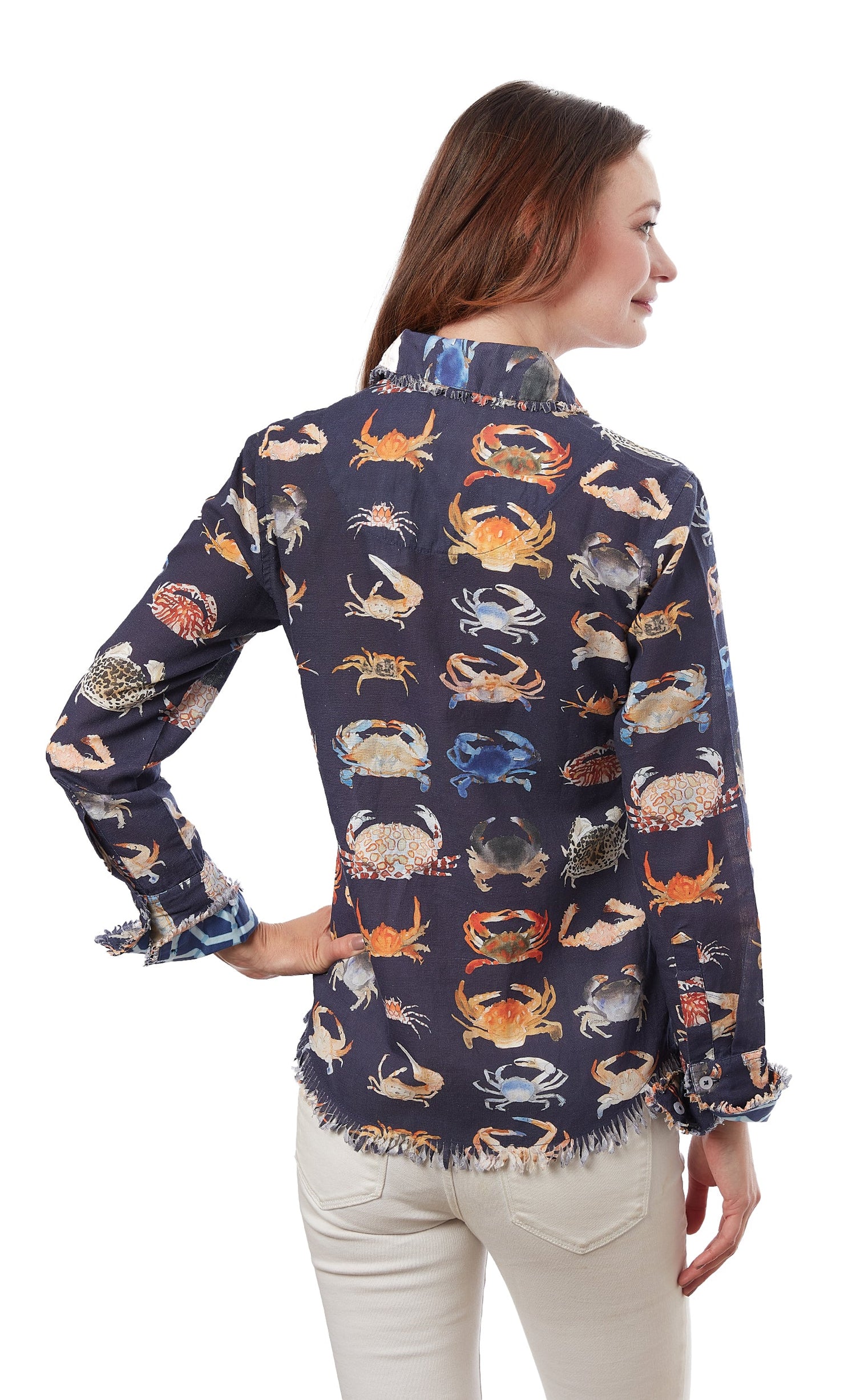 Dizzy-Lizzie Cape Cod Crab Print shirt featuring a colorful crab design on lightweight fabric
