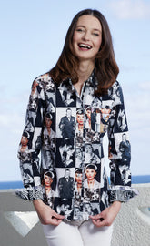 Dizzy-Lizzie Cape Cod shirt with fringe details and Audrey print, featuring casual button-up style and lightweight fabric.