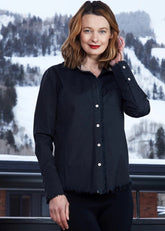 Black Cape Cod shirt by Dizzy-Lizzie, displayed flat with short sleeves and a classic collar, made from lightweight fabric.
