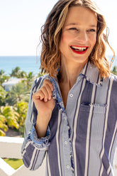 Dizzy-Lizzie Cape Cod shirt in blue stripes, casual button-up shirt for women, featuring a classic striped pattern.