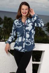 Dizzy-Lizzie Cape Cod denim shirt with a vibrant, gorgeous print, featuring long sleeves and stylish casual design.