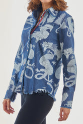Dizzy-Lizzie Cape Cod denim shirt featuring a vibrant, floral print, long sleeves, and classic collar for casual and stylish wear.