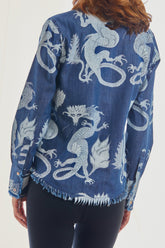 Denim Cape Cod shirt by Dizzy-Lizzie featuring a stylish, vibrant print, shown in a close-up of the shirt&