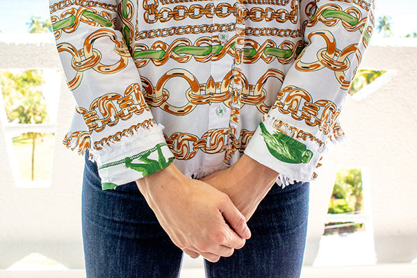 Dizzy-Lizzie Cape Cod green links print shirt featuring a casual button-up design and short sleeves.