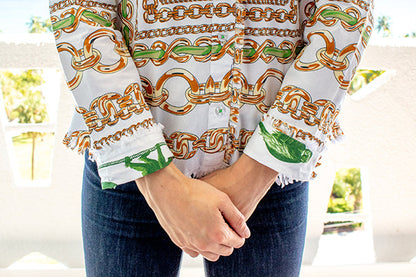 Dizzy-Lizzie Cape Cod green links print shirt featuring a casual button-up design and short sleeves.