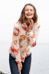 Dizzy-Lizzie Cape Cod Sea Life shirt featuring ocean-themed marine life print on a casual shirt for women.