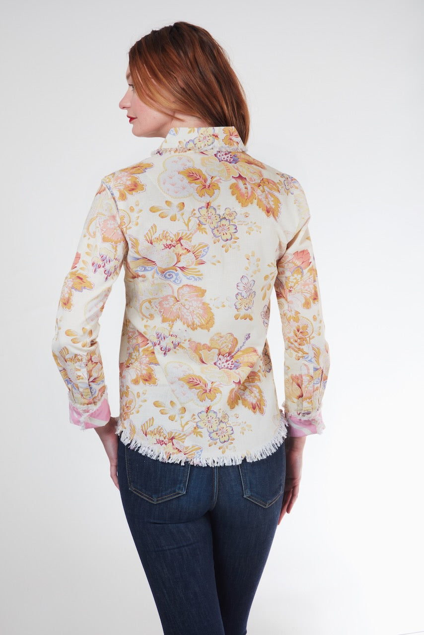 Dizzy-Lizzie Cape Cod Top antique floral shirt with a vintage-inspired floral pattern and relaxed fit, displayed on a hanger.