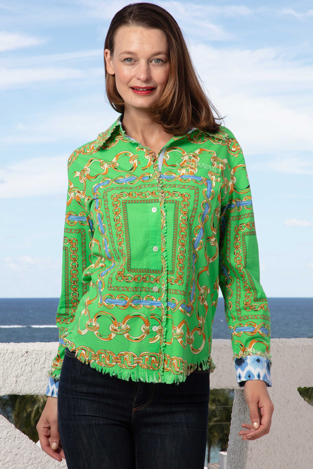 Dizzy-Lizzie Cape Cod Tunic shirt in green and blue links pattern, casual button-up style with relaxed fit.