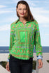 Dizzy-Lizzie Cape Cod Tunic shirt in green and blue links pattern, casual button-up style with relaxed fit.