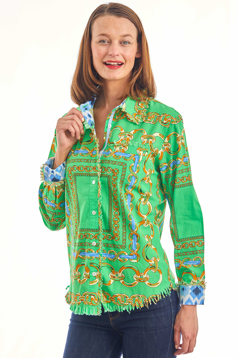 Green and blue striped Cape Cod Tunic shirt by Dizzy-Lizzie, featuring a relaxed fit and lightweight fabric.