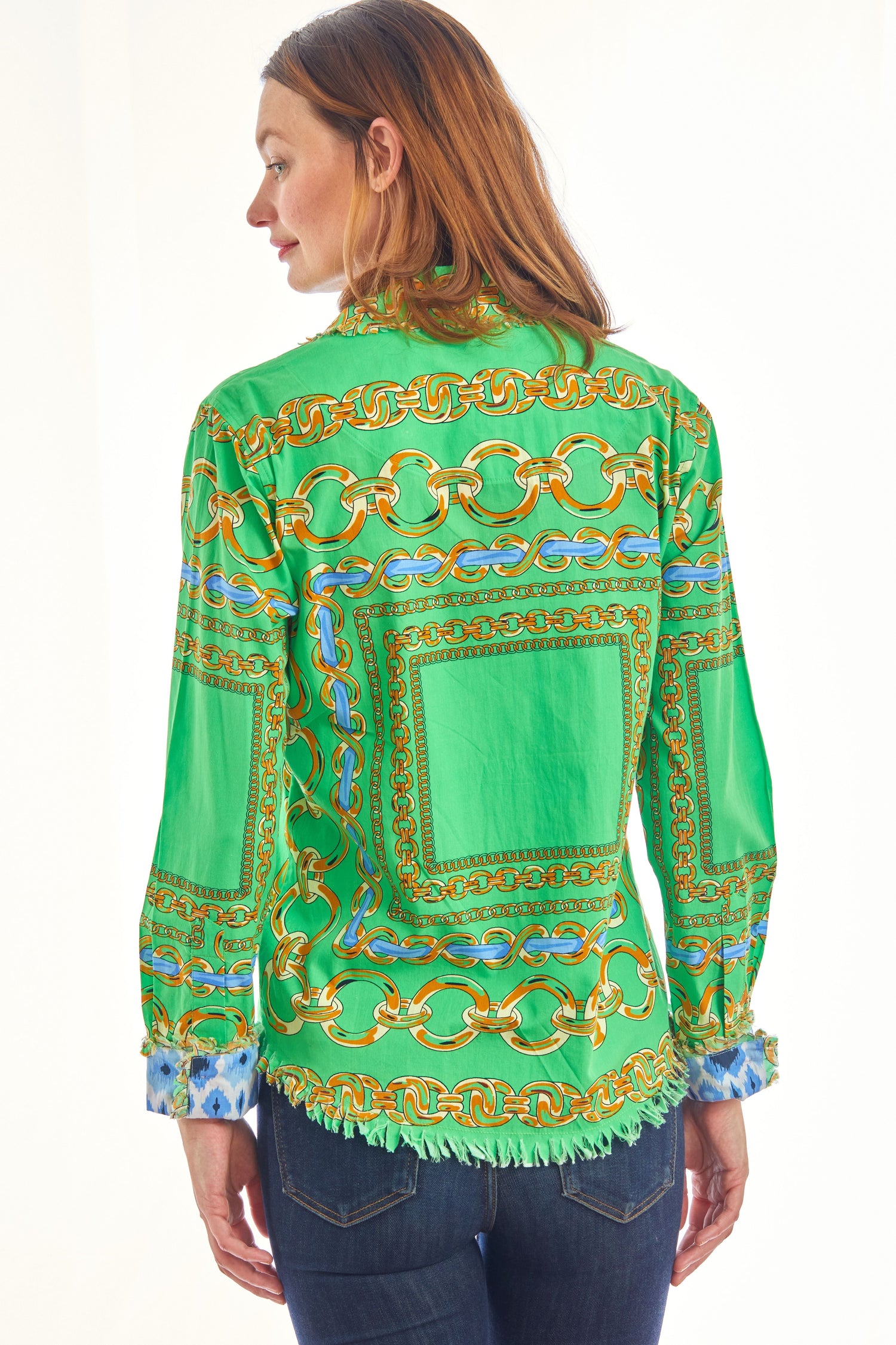 Dizzy-Lizzie Cape Cod Tunic shirt in green and blue links pattern, featuring a relaxed fit and lightweight fabric.
