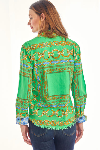 Dizzy-Lizzie Cape Cod Tunic shirt in green and blue links pattern, featuring a relaxed fit and lightweight fabric.