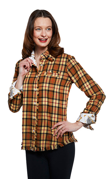 Dizzy-Lizzie Cape Cod tunic shirt with fringe bottom, yarn-dyed flannel plaid in red and black, casual and cozy women&