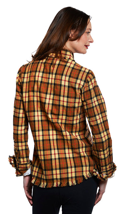 Dizzy-Lizzie Cape Cod tunic shirt with fringe bottom, yarn-dyed flannel plaid, featuring a cozy, casual style.