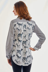 Dizzy-Lizzie Chesapeake Top in black stripes featuring a playful doggie back design, casual shirt for women.