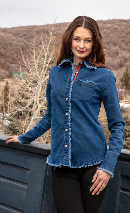 Dizzy-Lizzie Denim Cape Cod shirt featuring classic denim fabric and casual button-up design, displayed on a neutral background.