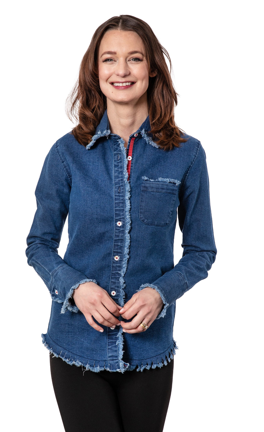 Dizzy-Lizzie Denim Cape Cod shirt featuring classic denim fabric and stylish design, displayed on a hanger against a neutral background.