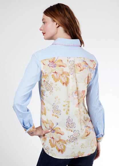 Dizzy-Lizzie Madison shirt featuring antique floral print on the back, lightweight casual shirt for women.
