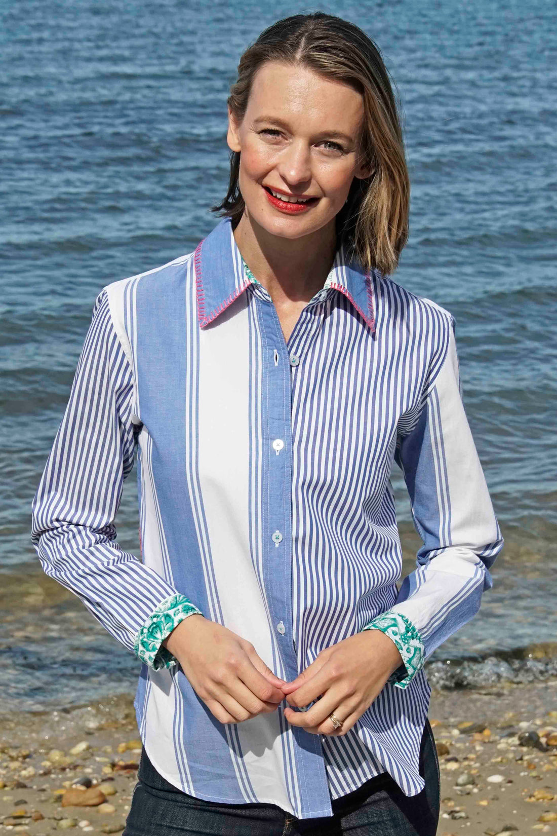 Dizzy-Lizzie Madison striped and floral shirt with whipstitch collar, featuring vibrant pattern and casual fit.