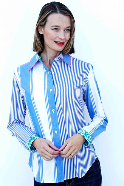 Dizzy-Lizzie Madison top shirt with stripes and floral pattern, featuring whipstitch detail at the collar.