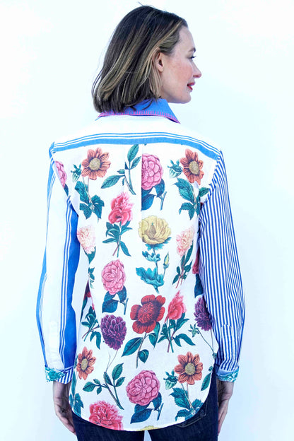 Dizzy-Lizzie Madison top shirt with stripes, floral pattern, and whipstitch detail at collar, lightweight and stylish for casual wear.