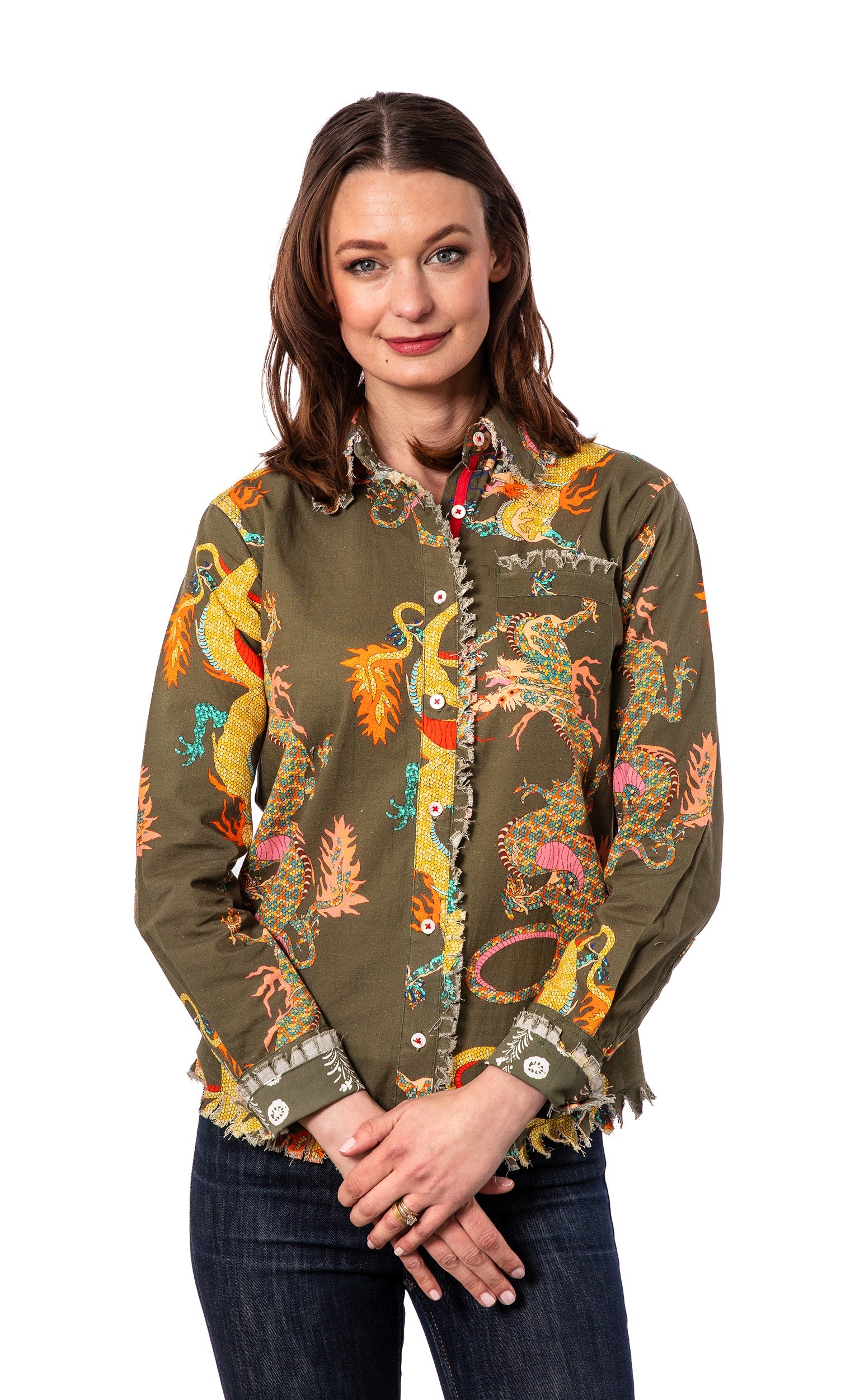 Dizzy-Lizzie Olive Dragon Cape Cod shirt featuring a vibrant olive green fabric with a dragon pattern and classic collar.