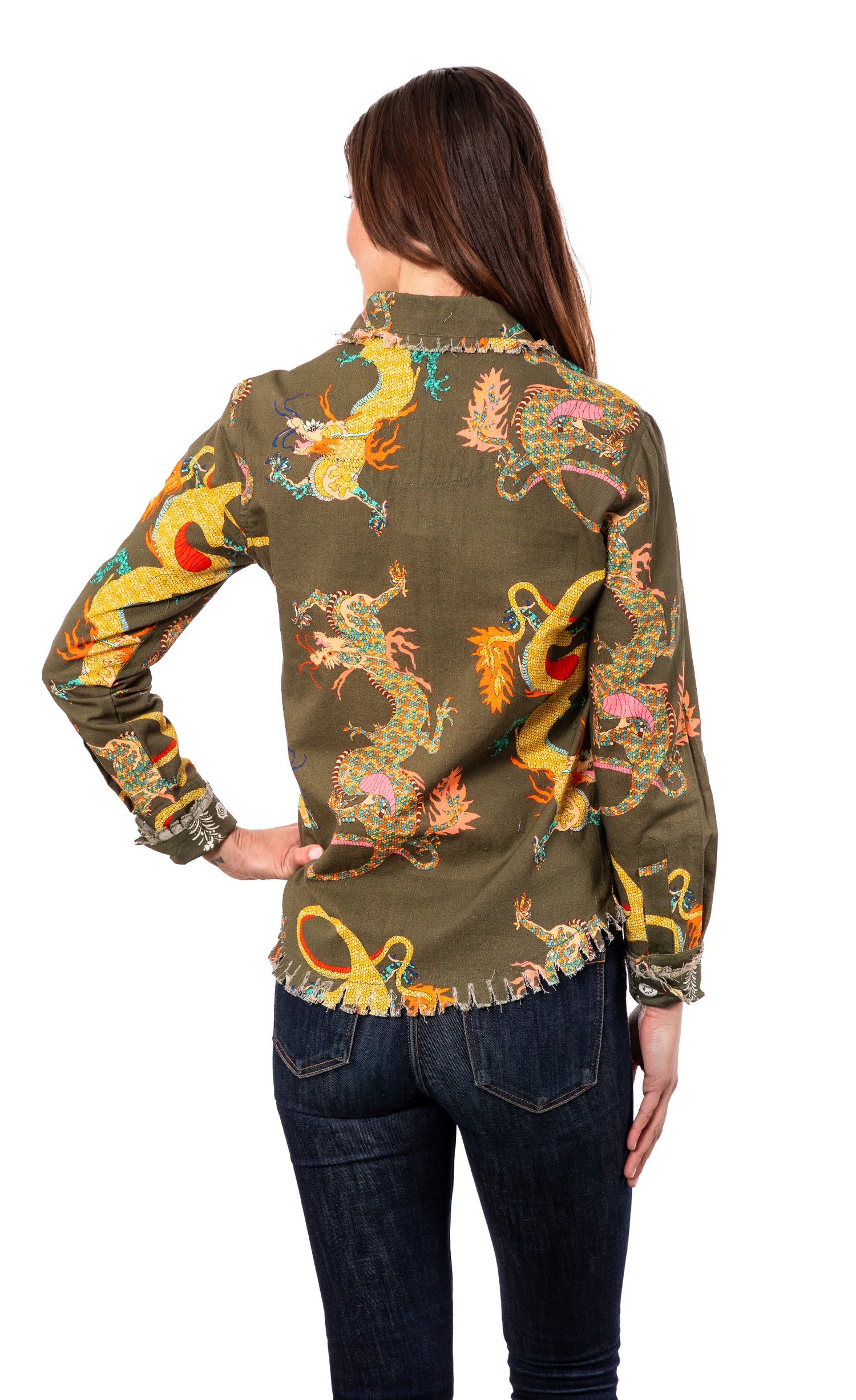 Olive green Dizzy-Lizzie Olive Dragon Cape Cod shirt with a relaxed fit and button-up front, displayed on a hanger.
