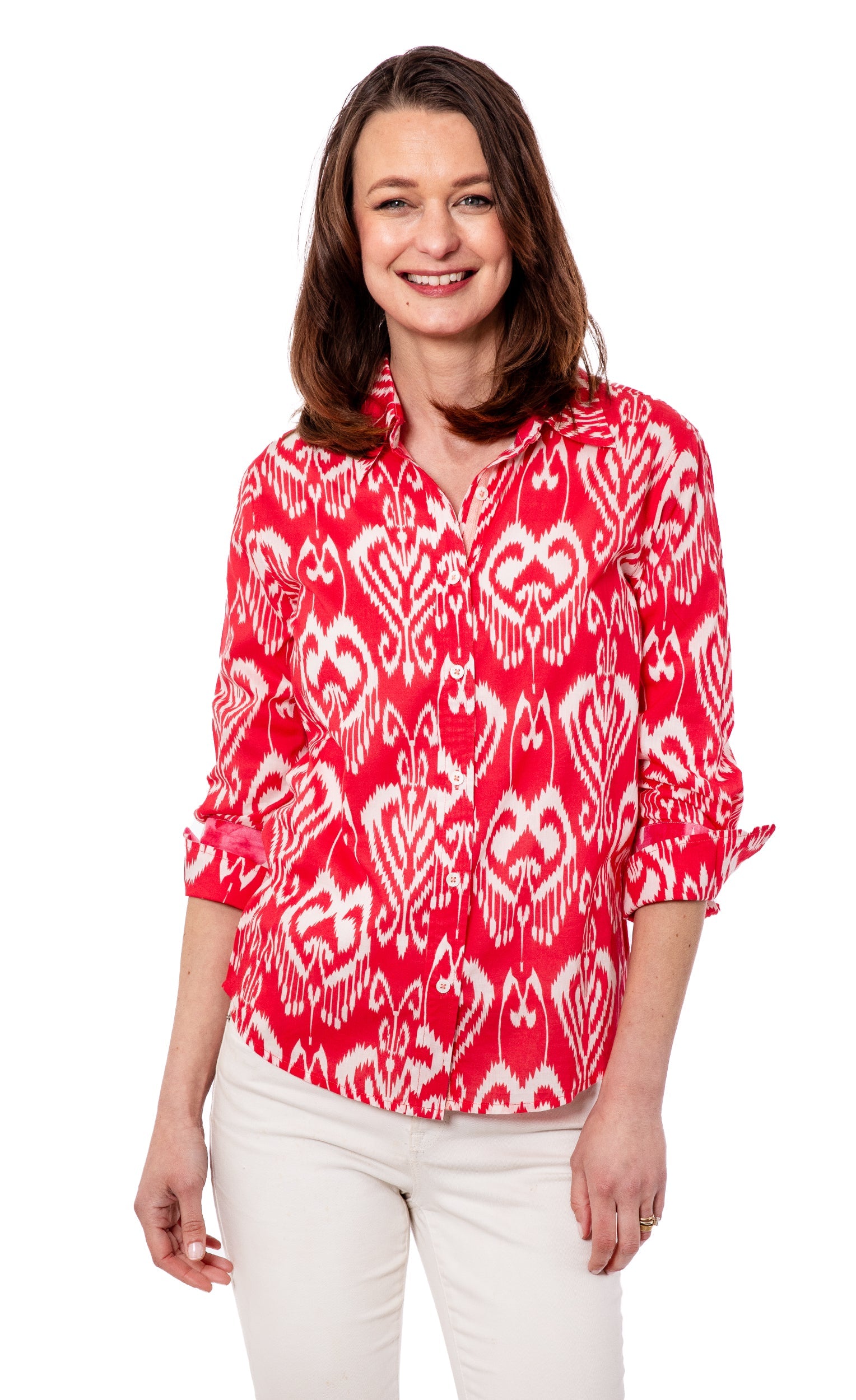 Pink and white Ikat design 3/4 sleeve Rome shirt by Dizzy-Lizzie, featuring a stylish, lightweight fabric and relaxed fit.