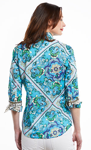 Dizzy-Lizzie Rome shirt with 3/4 sleeves and 70s printed design, featuring vibrant patterns and casual fit.