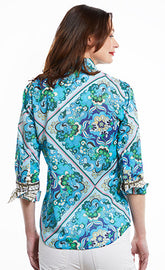 Dizzy-Lizzie Rome shirt with 3/4 sleeves and 70s printed design, featuring vibrant patterns and casual fit.