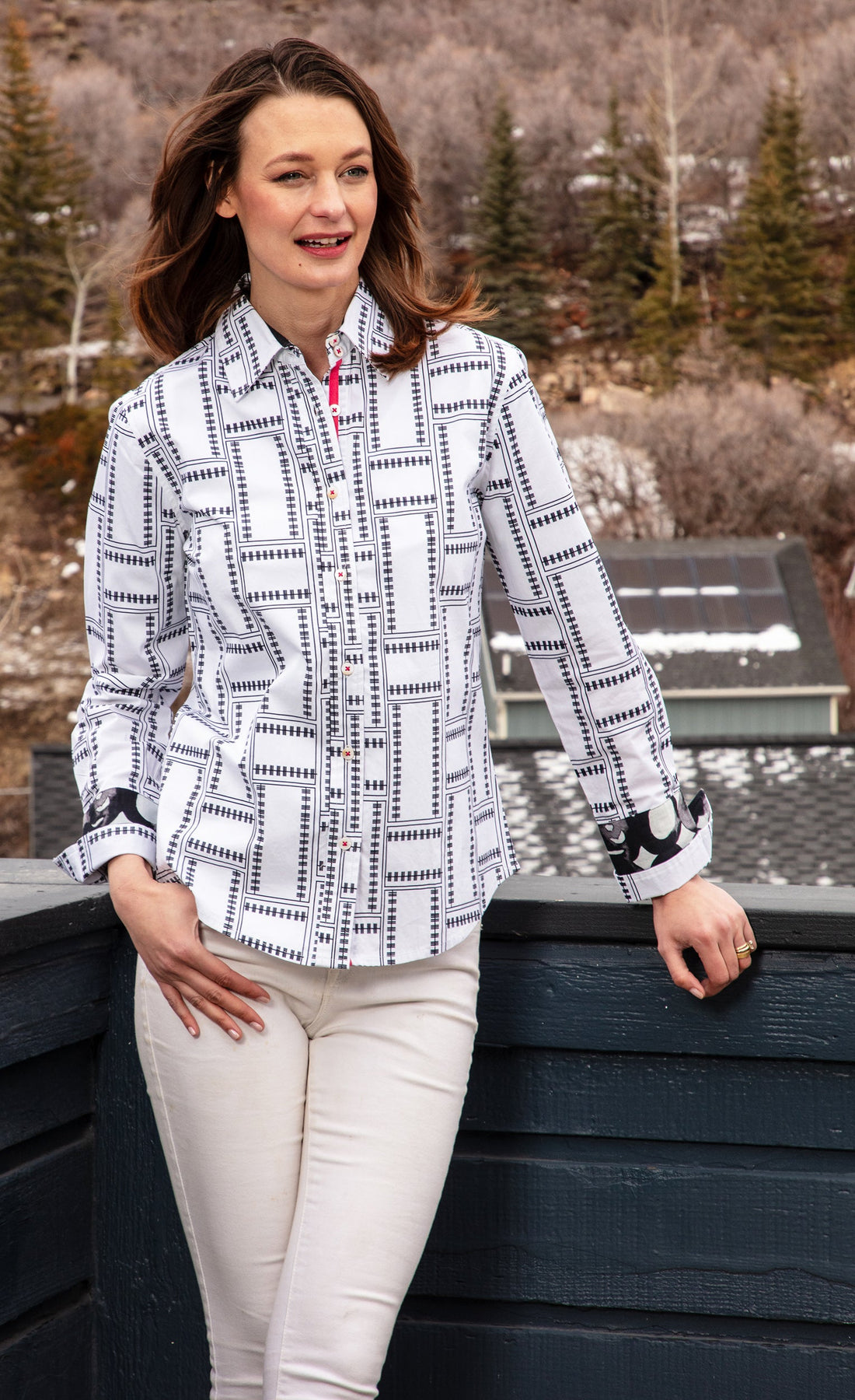 Dizzy-Lizzie Rome shirt with black and white tile pattern, casual long-sleeve shirt for modern style.