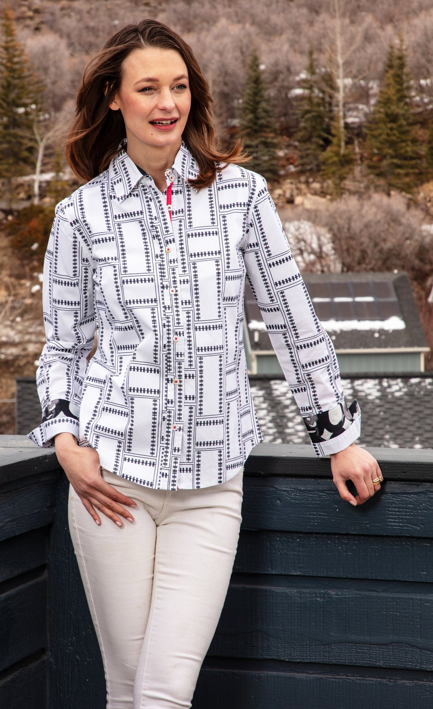 Dizzy-Lizzie Rome shirt with black and white tile pattern, casual long-sleeve shirt for modern style.