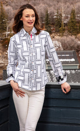 Black and white tiled Rome shirt by Dizzy-Lizzie, shown in size XS with a stylish, modern design and collar detail.