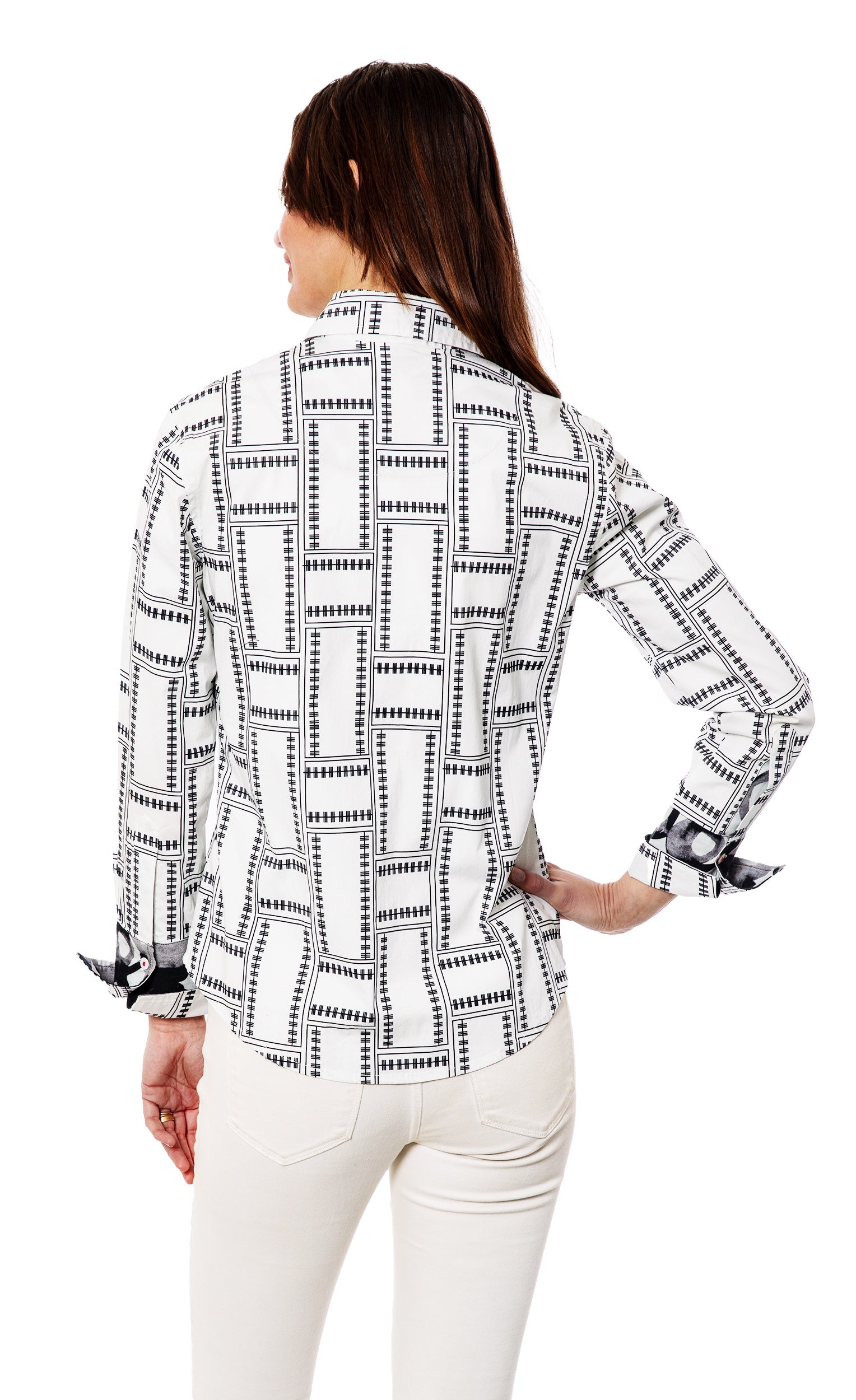 Dizzy-Lizzie Rome Shirt in black and white tile pattern, casual shirt with bold geometric tile design.