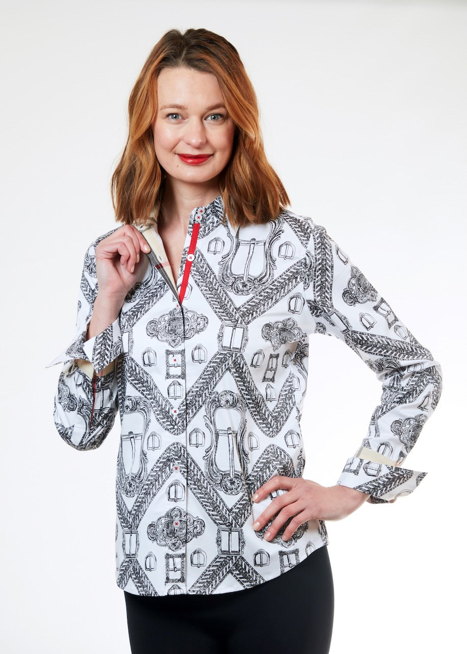 Black and white buckle print Rome shirt by Dizzy-Lizzie featuring a stylish button-up design with bold print details.