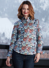 Dizzy-Lizzie blue paisley Rome shirt displayed flat, showcasing its intricate pattern and classic shirt design.