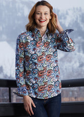 Dizzy-Lizzie Rome shirt in blue paisley print, lightweight casual shirt with long sleeves and button front.