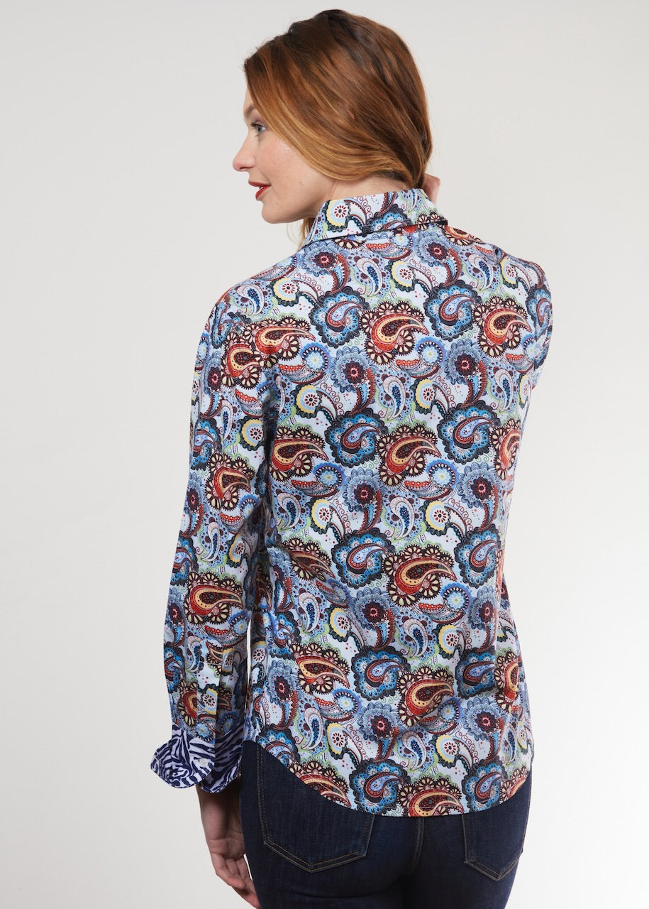 Dizzy-Lizzie Rome Shirt in blue paisley pattern, lightweight casual shirt with long sleeves and button front.