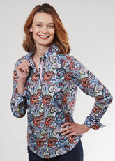 Dizzy-Lizzie Rome Shirt in blue paisley pattern, lightweight fabric, long sleeves, and pointed collar, shown on a hanger.
