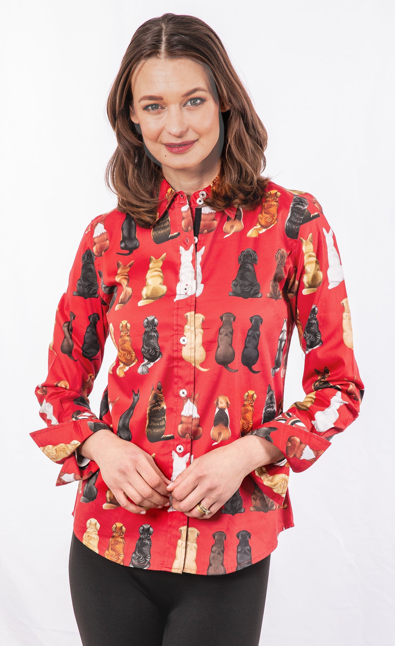Red Rome Shirt for dogs by Dizzy-Lizzie featuring cartoon doggies waiting for treats on a vibrant red ground.