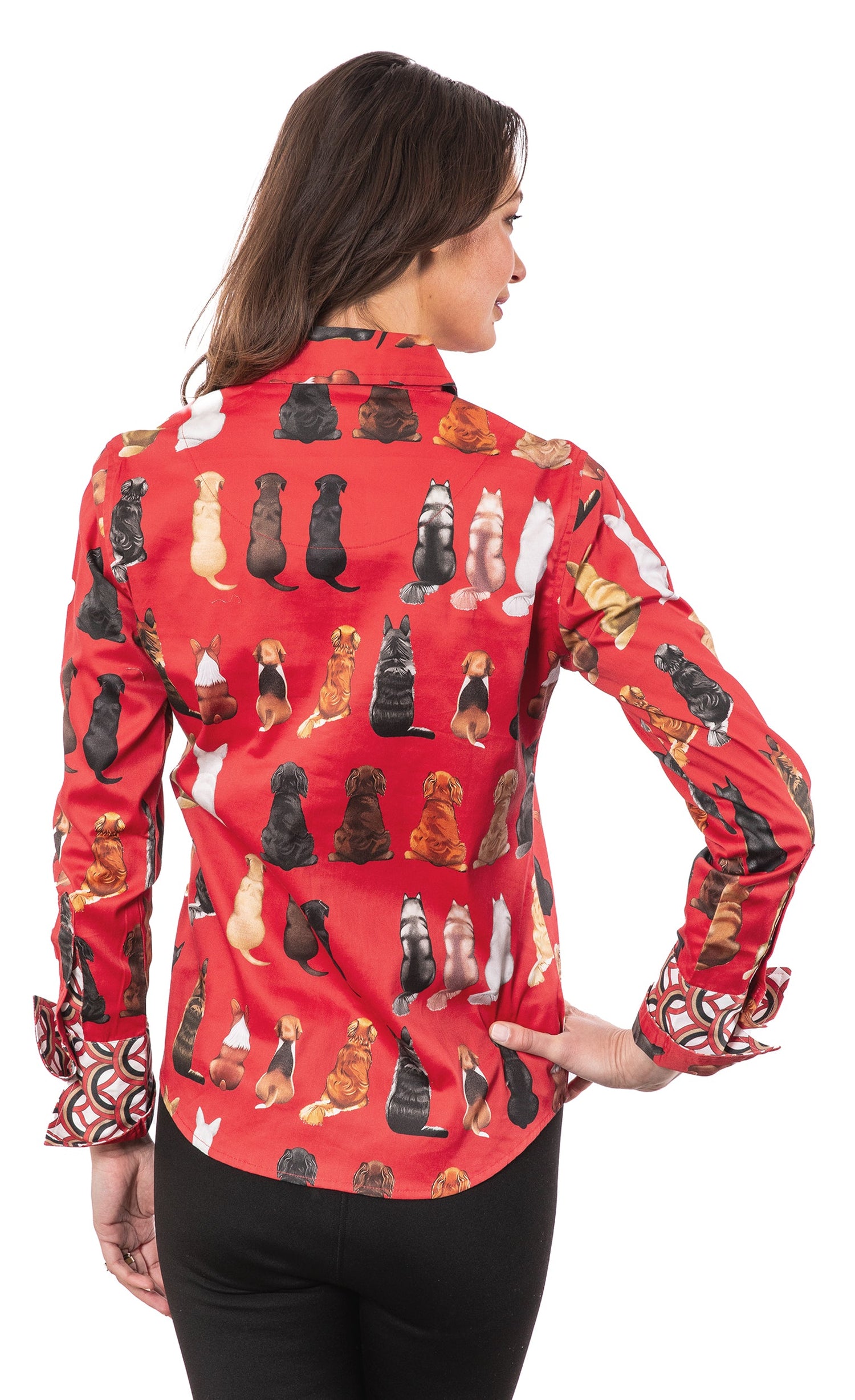 Dizzy-Lizzie Rome Shirt for dogs featuring a red ground design with cartoon doggies waiting for treats.