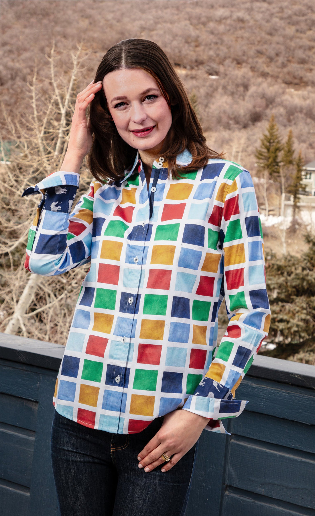 Dizzy-Lizzie Rome Shirt with multi-colored box pattern, long sleeves, and button-up front, casual stylish shirt for women