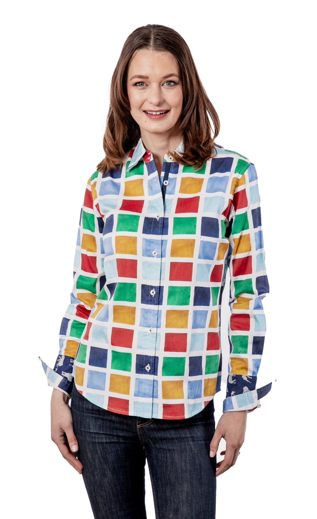 Dizzy-Lizzie Rome shirt with multi-colored box pattern, casual long-sleeve shirt for women or men, vibrant and stylish.