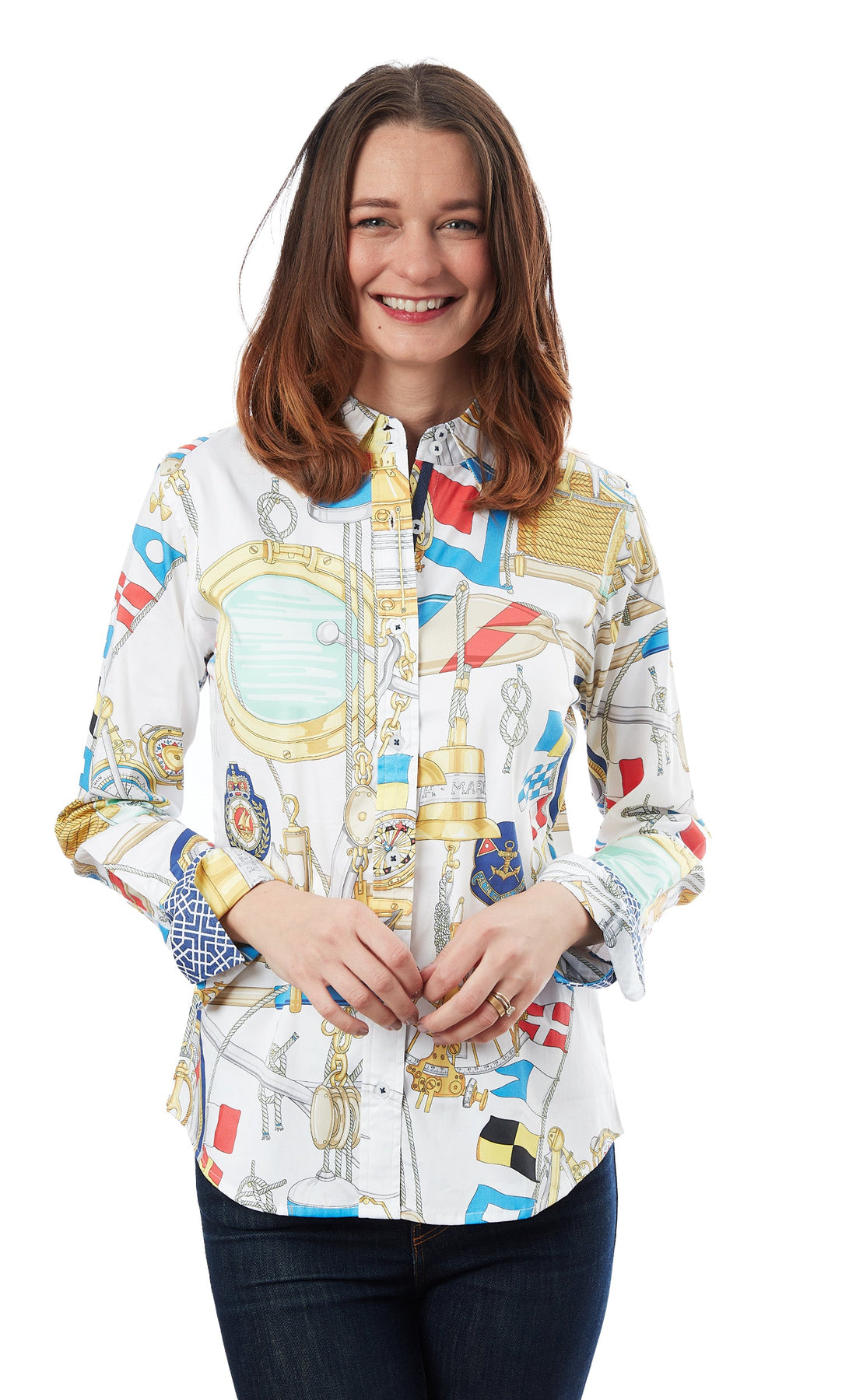 Dizzy-Lizzie Rome Shirt with nautical print, featuring lightweight fabric and classic collar design for casual seaside style.